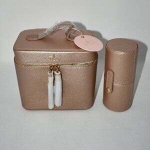 Hollis Rose Gold Mini Cosmetic Bag & Mini Brush Holder – Compact Travel Makeup C